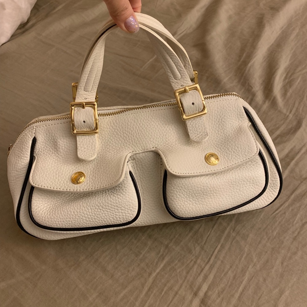 DKNY White Leather Tote Bag with Navy Piping